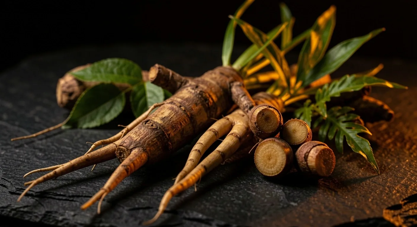 Fresh Indonesian herbal roots on dark stone