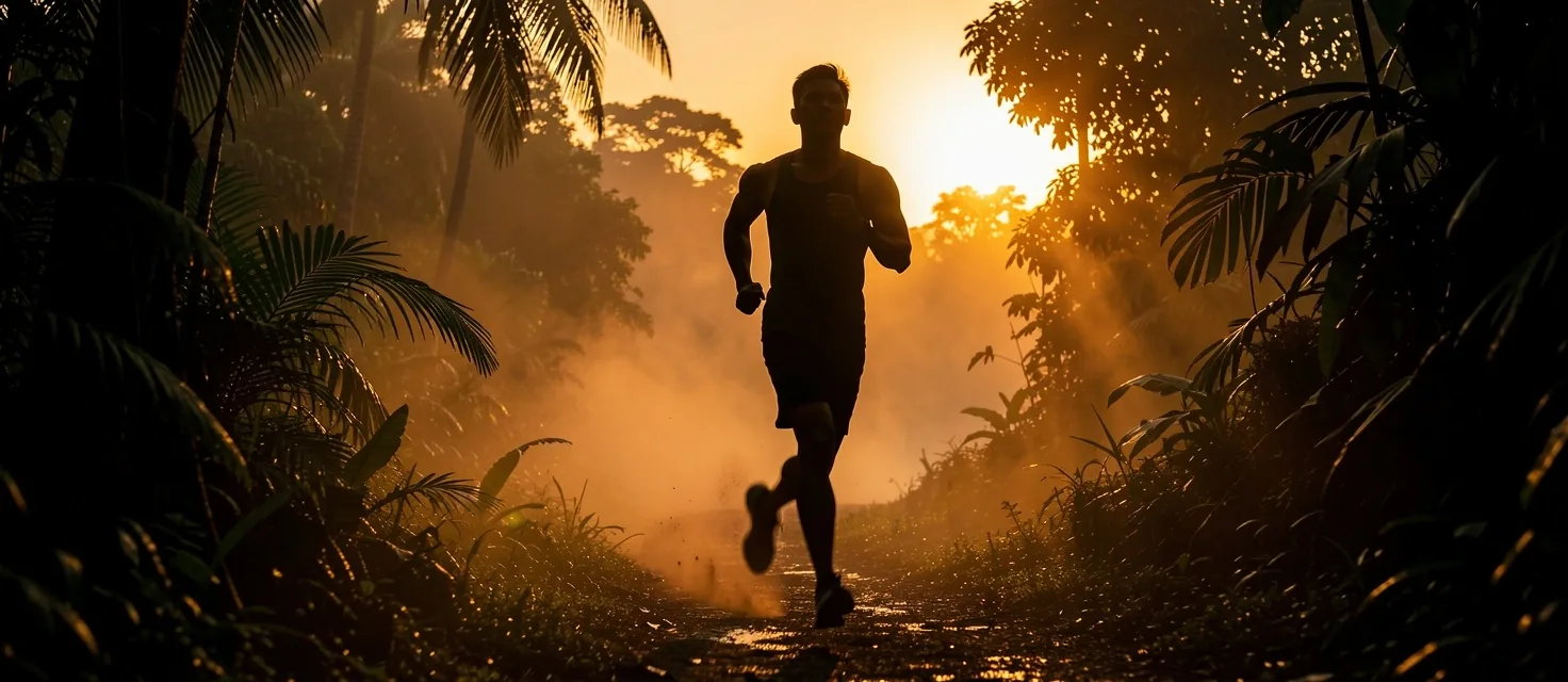 Man running at dawn in tropical setting