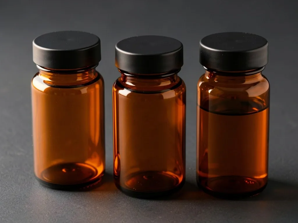 Amber glass bottles with natural supplement capsules on dark surface