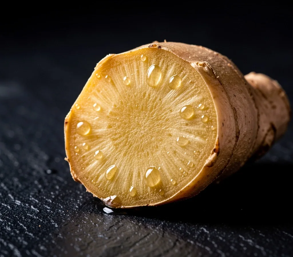Ginger rhizome cross-section showing fibrous interior