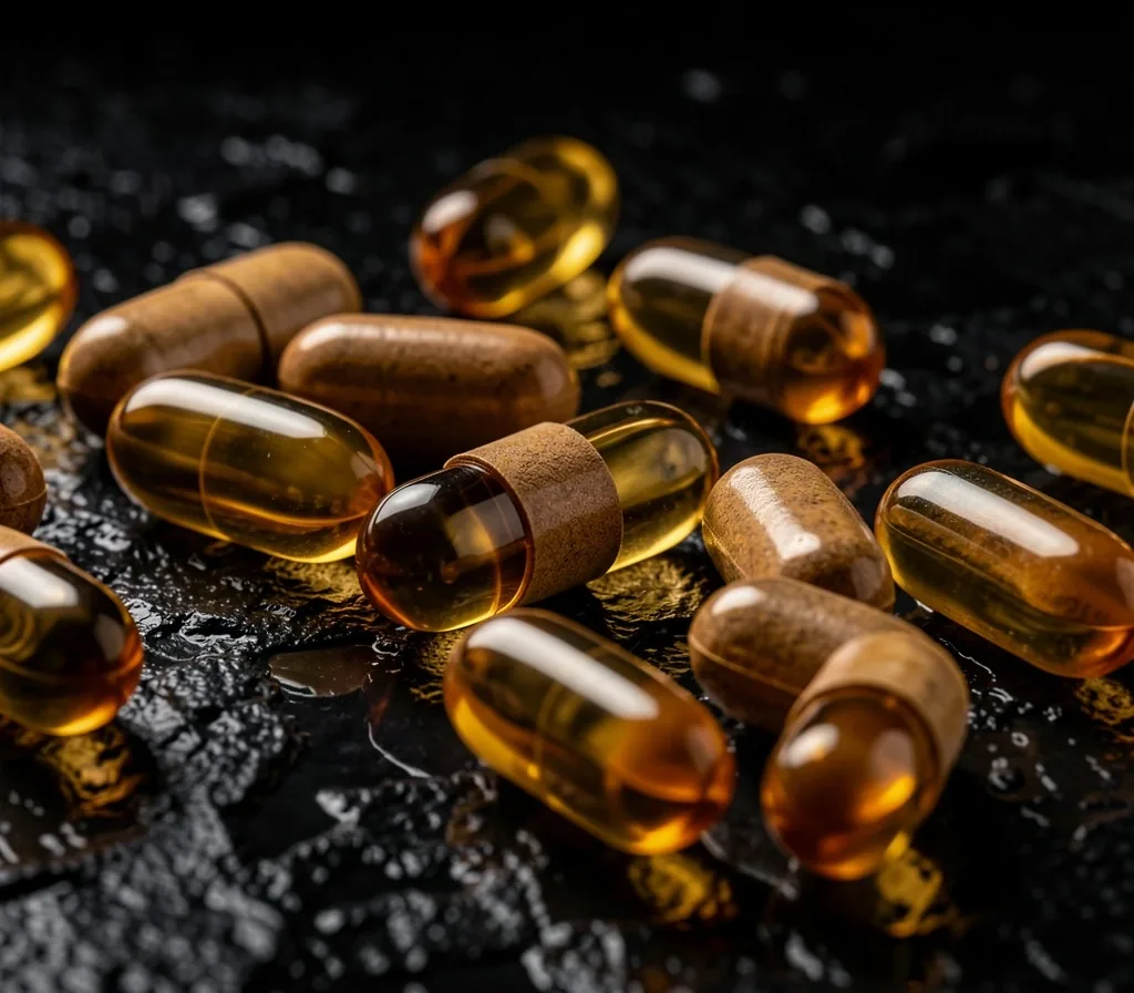 Natural botanical supplement capsules on dark stone surface