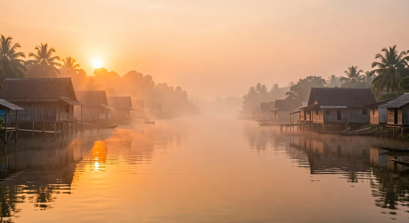 Palembang riverside at dawn with warm sunrise light