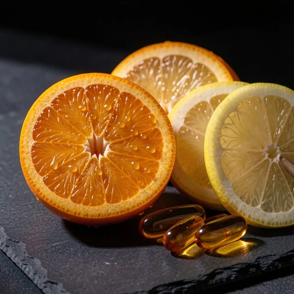 Citrus slices and vitamin E capsules on dark surface