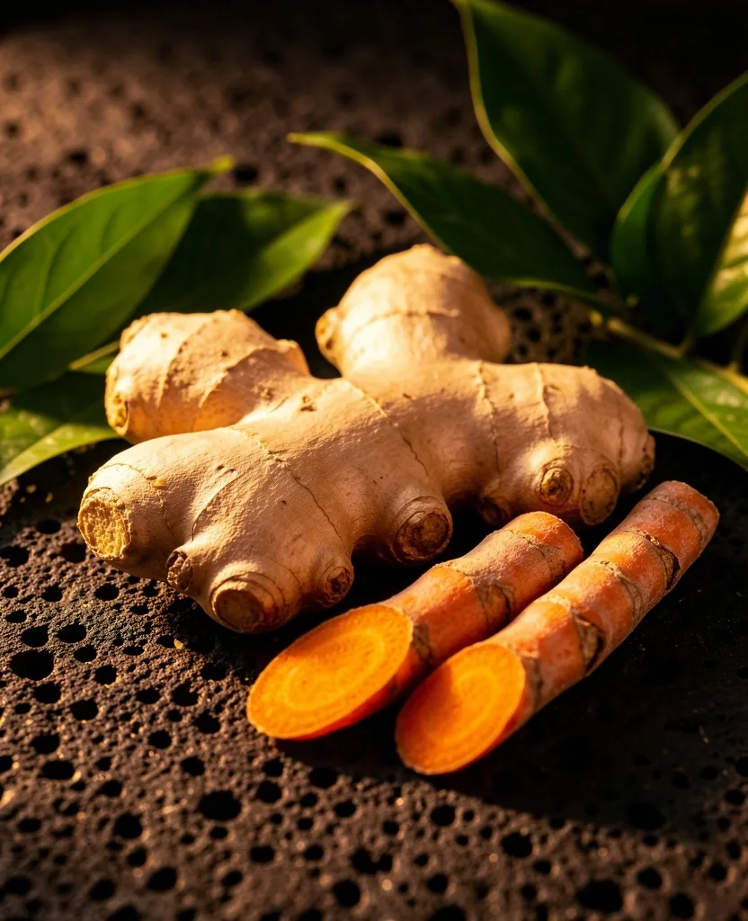 Fresh ginger and turmeric rhizomes on dark stone