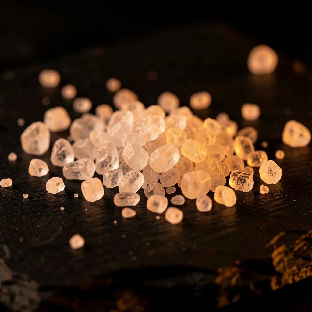 Mineral salt crystals on dark stone